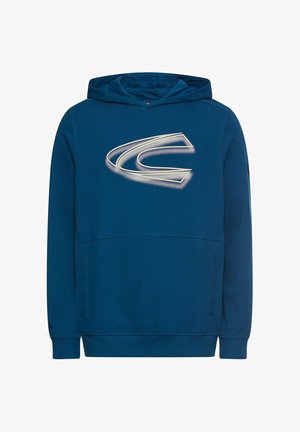 Blauwe hoodie met een voorzak, voorzien van een groot gestileerd logo in wit. Gemaakt van zacht materiaal met een capuchon met koord en geribbelde manchetten.