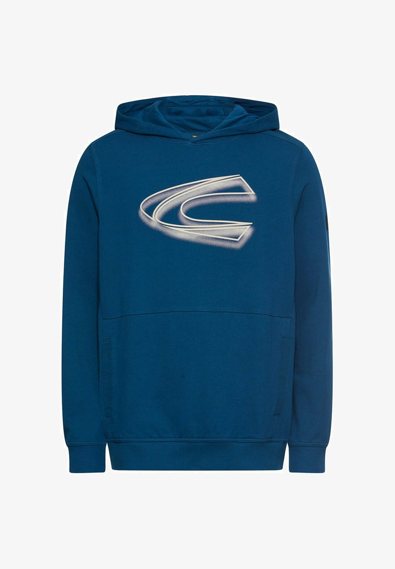 Blauer Hoodie mit einer Vordertasche, versehen mit einem großen, stilisierten weißen Logo. Hergestellt aus weichem Stoff, mit Kapuze und Kordelzug sowie gerippten Bündchen.