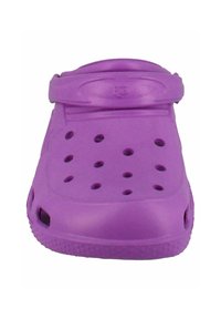 Purple rubber clog with ventilation holes, rounded toe, and adjustable back strap. Textured sole for grip and comfort.