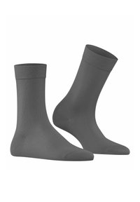Calzini grigi con bordo a coste, texture liscia, lunghezza alla caviglia e design della punta senza cuciture. Realizzati in materiale elastico e flessibile.