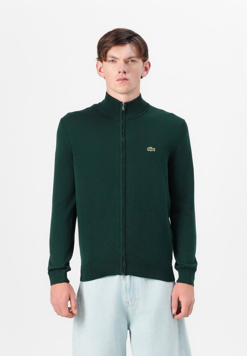 Zaļš zipa džemperis, kas izgatavots no mīksta materiāla. Tam ir augsta apkakle, ribotie aproces un neliels logo uz krūtīm. Šaurs piegriezums.