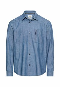 Długorękawowa niebieska koszula chambray z zapięciem na guziki, dwoma kieszeniami na piersi oraz małą kieszonką na zamek po prawej stronie.