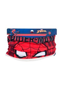 Rode fleece nekwarmer met een Spider-Man ontwerp, met grote witte ogen en zwarte webpatronen. Bevestigd etiket toont het merk.