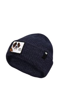 Berretto in maglia navy con finitura testurizzata, caratterizzato da una patch rettangolare con un'illustrazione di un cane San Bernardo e la scritta "TOP DOG".