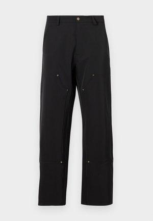 Black pants made of a soft, stretchy fabric. Features include two front pockets, brass hardware accents, and a straight-leg design.