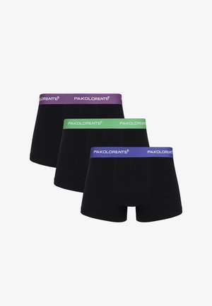 Czarne bokserki z kontrastującymi elastycznymi paskami w kolorach purpurowym, zielonym i niebieskim, z nazwą marki 'Pakoloren' nadrukowaną na każdym pasku.
