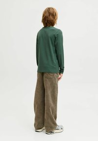 Langærmet grøn bluse parret med løse, brune fløjlsbukser. Outfitet har et simpelt design og en neutral farvepalette.