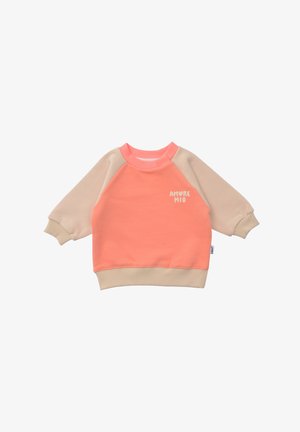 Sweatshirt mit Raglanärmeln aus Koralle und beigem Baumwollgemisch. Mit einem gerippten Ausschnitt und Saum, der vorne mit "AMORE MIO" bedruckt ist.