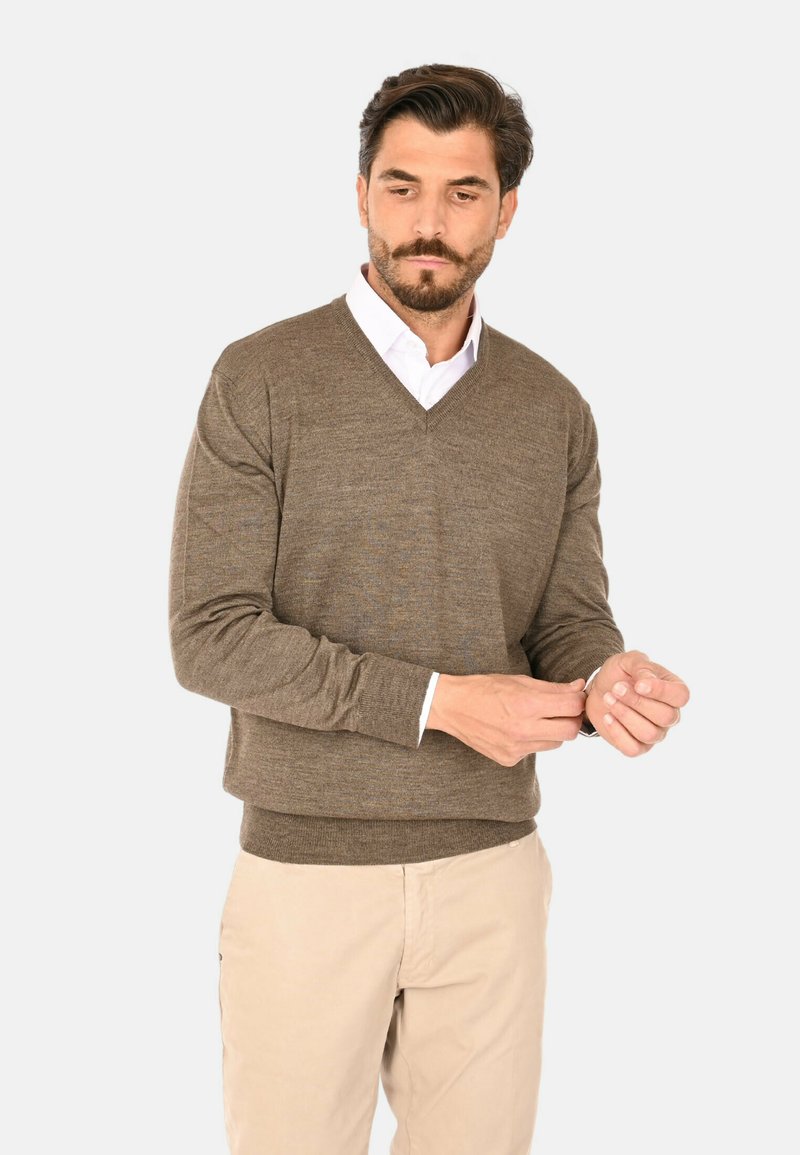 Maglione marrone a v, in morbido tessuto lavorato a maglia, design aderente, indossato sopra una camicia bianca con colletto, abbinato a pantaloni beige chiaro.