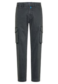 Kargo kalhoty v tmavě šedé bavlně. Mají nastavitelné pásky v pase, dvě boční cargo kapsy a standardní přední a zadní kapsy. Hladká textura.