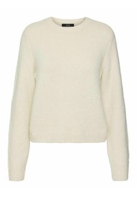 Cremfarbener Pullover aus weichem Strickmaterial, mit einem runden Ausschnitt, langen Ärmeln und einem verkürzten Saum. Schlichte, gerippte Akzente an den Bündchen und am Saum.