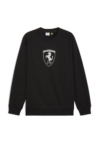 Sort sweatshirt med lange ærmer, rund halsudskæring og et sølvfarvet Ferrari-logo på et skjoldformet mærke i midten foran.