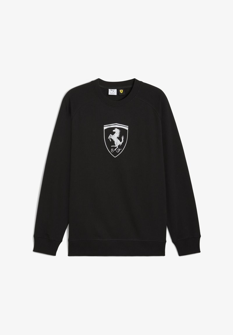 Sort sweatshirt med lange ærmer, rund halsudskæring og et sølvfarvet Ferrari-logo på et skjoldformet mærke i midten foran.