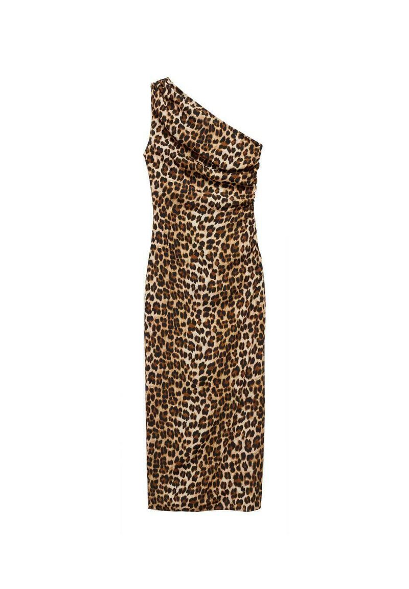 Robe en imprimé léopard faite d'un tissu lisse et léger. Design asymétrique avec une épaule et des détails drapés. Silhouette ajustée.