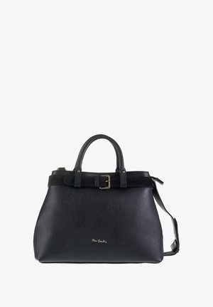 Zwarte leren handtas met textuur, dubbele handvatten, een bovenste sluitband en een gouden logo-embleem op de voorkant.