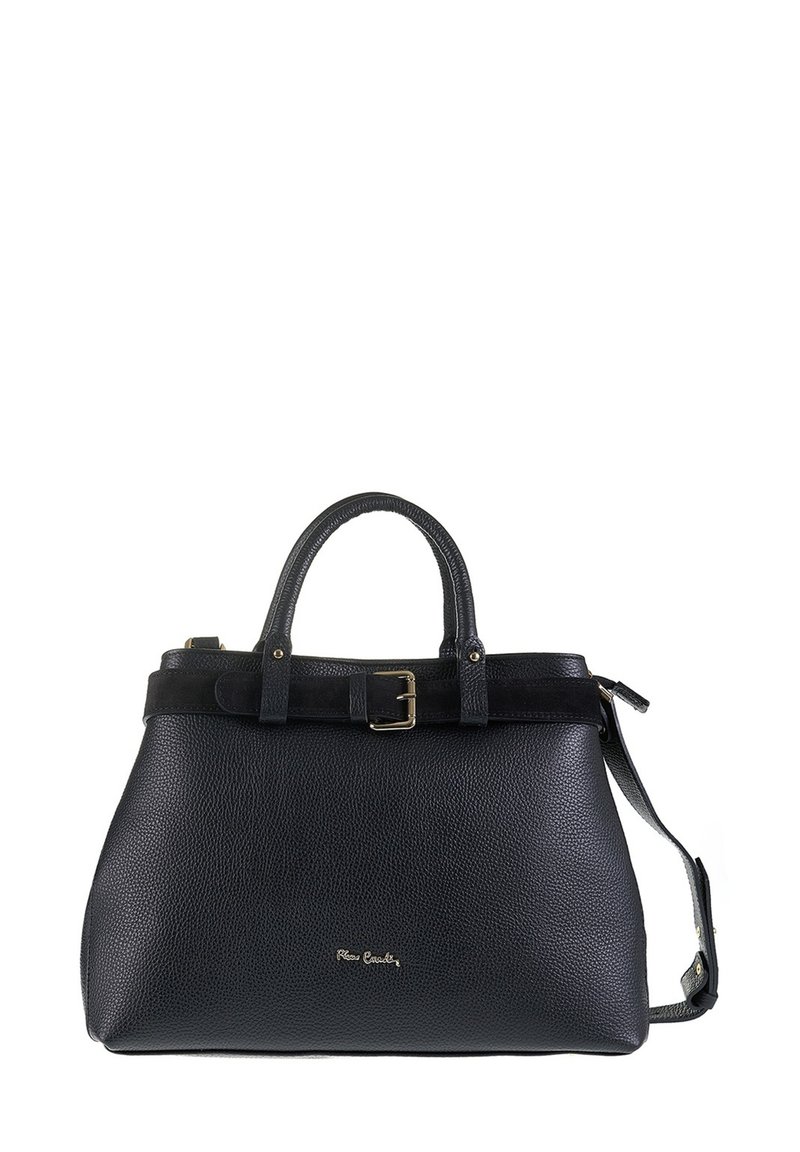 Borsa a tracolla in pelle nera con texture, manici doppi, una cinghia con fibbia sulla parte superiore e emblema dorato sul fronte.