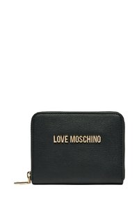 Portefeuille en cuir noir avec une finition texturée, arborant le logo "LOVE MOSCHINO" en ton doré. Fermeture à zip et forme rectangulaire slim.