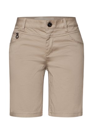 Beige Shorts aus leichtem Stoff mit einem Frontknopfverschluss, Seitentaschen und einem Reißverschlussdetail.