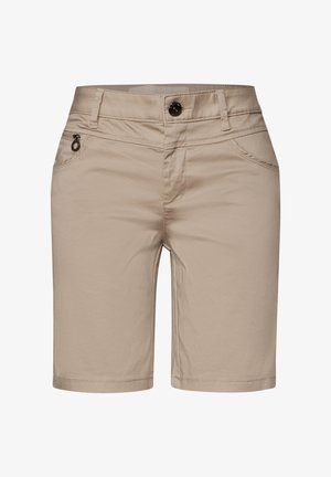 Shorts beiges en tissu léger, dotés d'une fermeture à bouton à l'avant, de poches latérales et d'un détail zippé.