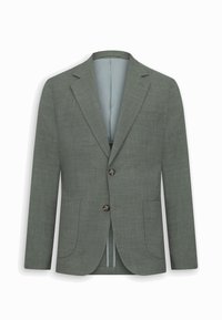 Blazer da uomo grigio su misura con due bottoni, revers a lancia e tasche applicate frontali, mostrato su sfondo bianco.