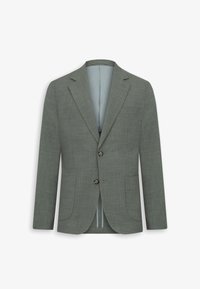 Blazer gris a medida para hombre con dos botones, solapas con muesca y bolsillos delanteros de parche, mostrado sobre un fondo blanco.