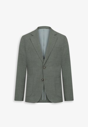 Blazer da uomo grigio su misura con due bottoni, revers a lancia e tasche applicate frontali, mostrato su sfondo bianco.