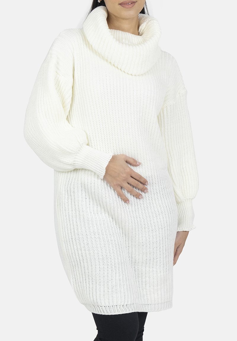 Witte gebreide sweaterjurk met een hoge col, lange ballonmouwen en een ontspannen pasvorm. Heeft een geribbelde textuur over het hele kledingstuk.