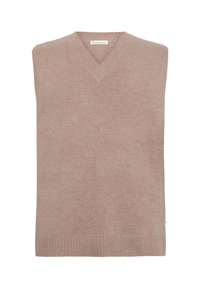 Beige ärmelloser Pullover mit V-Ausschnitt. Verfügt über einen gerippten Saum und eine weiche Textur. Einfaches Design ohne zusätzliche Muster oder Hardware.