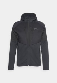Black hooded jacket with zip pockets, featuring a smooth texture and contrasting panel design on shoulders. Brand logo on upper left.