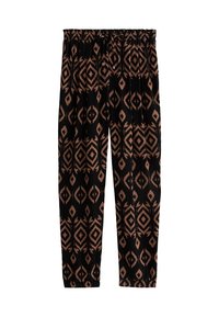 Pantalons noirs avec des motifs géométriques en losange marron, taille élastique avec cordon de serrage et poignets élastiques aux chevilles.