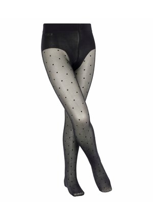 Black tights made of sheer material with a polka dot pattern. The waistband is smooth, and the tights are semi-opaque.