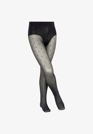 Zwarte panty's van doorschijnend materiaal met een stippenpatroon. De tailleband is glad en de panty's zijn semi-doorzichtig.