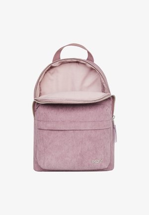 Sac à dos en velours côtelé rose avec un compartiment principal zippé, une poche avant et une poignée supérieure pour un transport facile. Logo Roxy sur le devant.