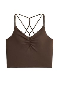 Débardeur court marron avec devant froncé et fines bretelles croisées dans le dos, en tissu lisse et extensible.