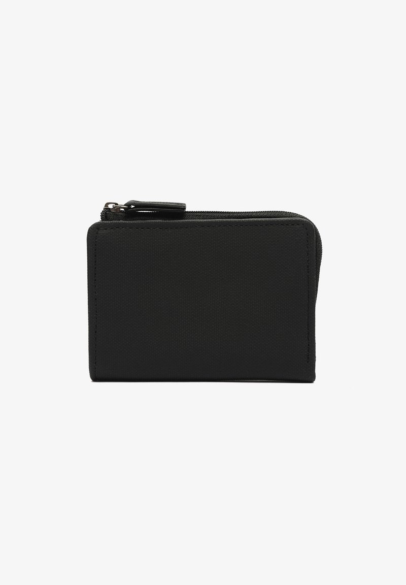 Juodas užtrauktuku uždaromas piniginė, pagaminta iš tekstūruoto audinio. Stačiakampio formos su siuvinėjimo detalėmis ir mažuoju užtrauktuko traukikliu. Kompaktiškas dizainas.