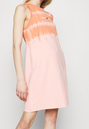 Sleeveless short dress with orange tie-dye top half and light pink bottom, featuring small white, red, and blue logo text on chest.