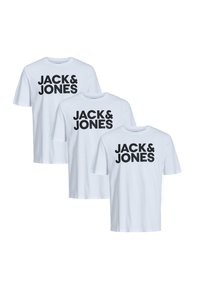 White cotton t-shirts in a pack of three. Each features a bold black "JACK & JONES" print on the front. Short sleeves and round neck.