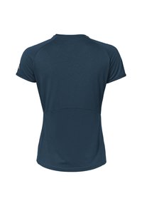 T-shirt de sport bleu foncé à manches courtes avec col rond, vu de dos, confectionné en tissu léger et respirant.