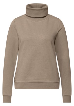 Sweat-shirt beige à col roulé en tissu doux, avec des manches longues, un col haut et une coupe décontractée avec des poignets et une base côtelés.
