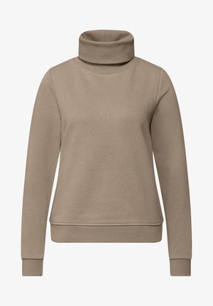 Sweat-shirt beige à col roulé en tissu doux, avec des manches longues, un col haut et une coupe décontractée avec des poignets et une base côtelés.