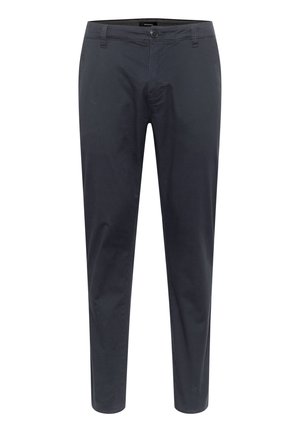 Pantaloni din bumbac gri închis cu croială aderentă. Caracteristici: închidere frontală cu nasture, benzi pentru curea și buzunare laterale; textură netedă, fără modele vizibile.