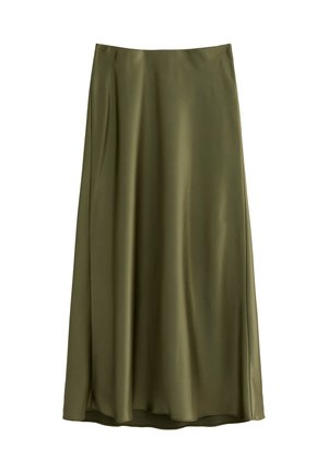 Een knielange, olijfgroene rok van gladde stof met een rechte snit en een elastische tailleband, met een subtiele glans.