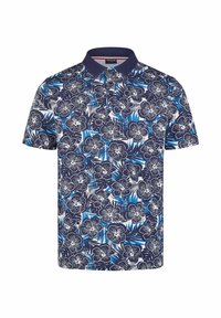 Kurzarm-Poloshirt in Marineblau mit floralem Muster, das weiße und blaue Blüten zeigt. Kragen-Design mit einer Knopfleiste mit zwei Knöpfen.