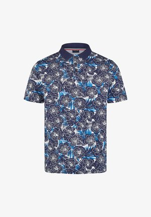 Korte mouw polo-shirt in marineblauw met een bloemmotief met witte en blauwe bloemen. Gekraagde vormgeving met een knoopsluiting van twee knopen.