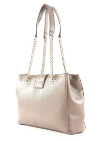 Beige textured leather tote bag with dual leather and chain straps, top flap with a clasp, and gold-tone hardware accents.