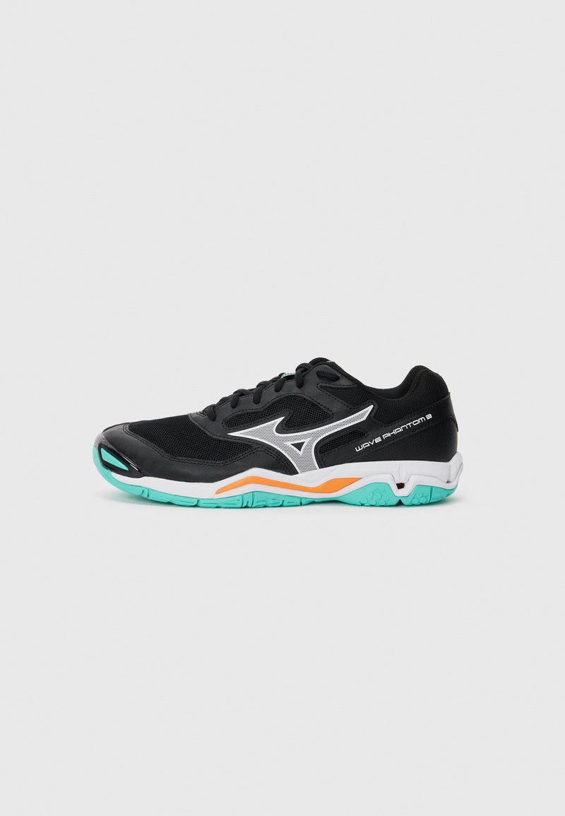 Black athletic shoe with white logo, turquoise sole and orange accent, labeled "Wave Phantom 3" on side, shown on white background.