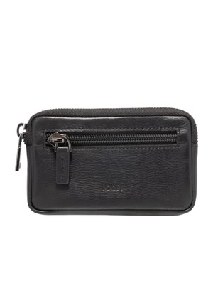 Bustina in pelle nera con zip, superficie texturizzata e zip sulla tasca frontale, progettata per la conservazione di piccoli oggetti e accesso facile.