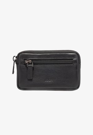 Bustina in pelle nera con zip, superficie texturizzata e zip sulla tasca frontale, progettata per la conservazione di piccoli oggetti e accesso facile.