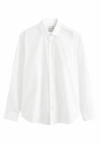 Chemise blanche à manches longues en coton. Col classique, fermeture à boutons sur le devant, et ourlet arrondi. Texture lisse sans motifs visibles.