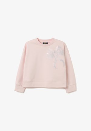 Sweat-shirt rose clair court en tissu doux avec un col rond, présentant un motif de nœud blanc avec des embellissements sur le côté gauche.